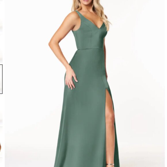 Azazie Jess Eucalyptus Sheath V-Neck Stretch Satin Dress Size A8 - Picture 7 of 10